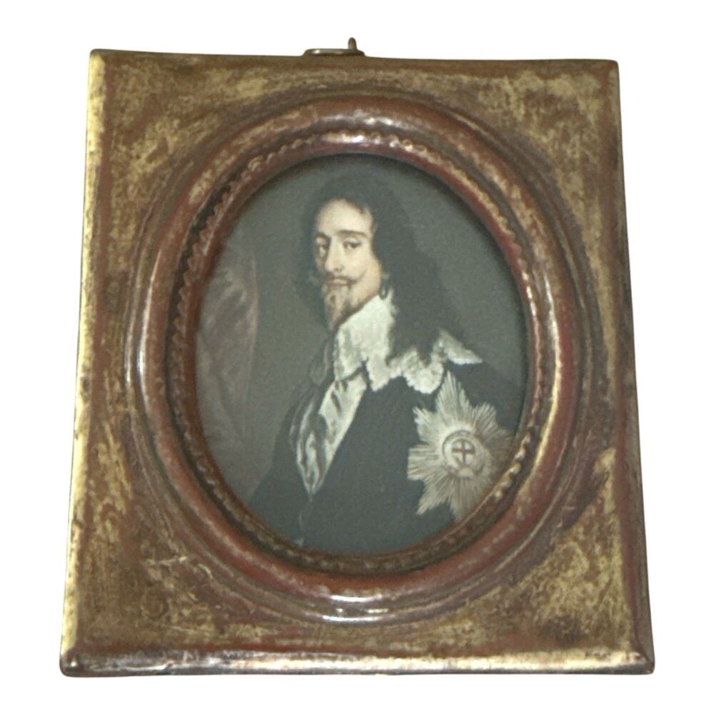 Antique 19th Miniature Portrait Painting King Charles 1 First Gold Gilded Framed